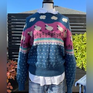 Woolrich Blue and Pink Sheep Motif Sweater 1980s